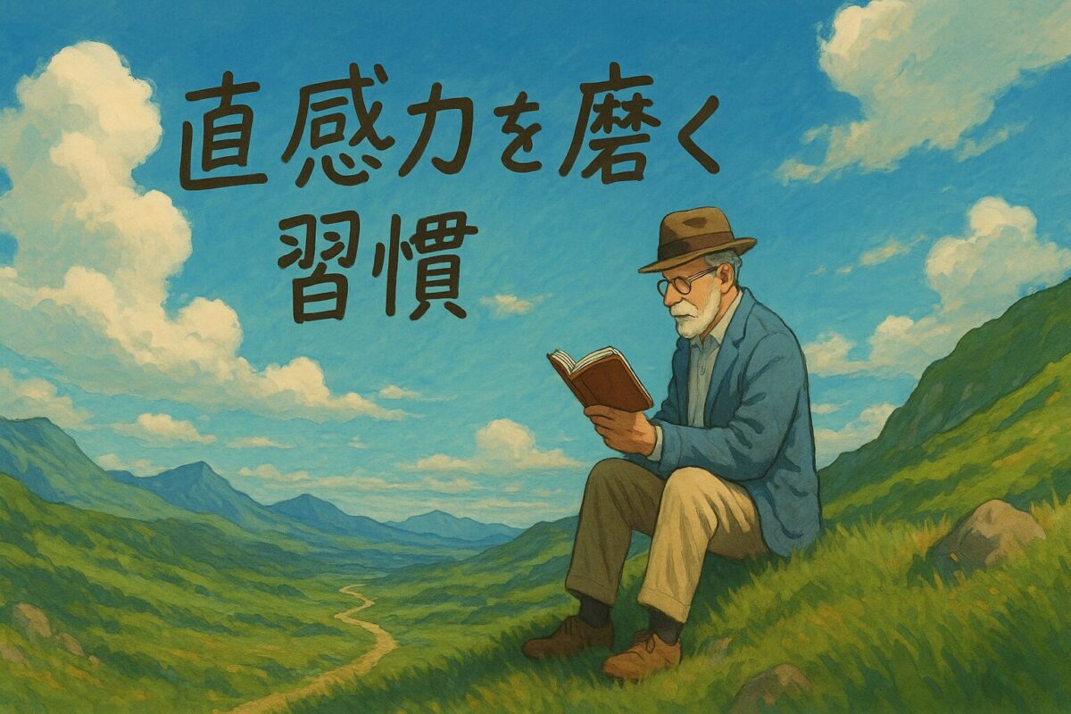 直感力を磨く習慣 — 草原で本を読むダンディーおやじ(AI画像)