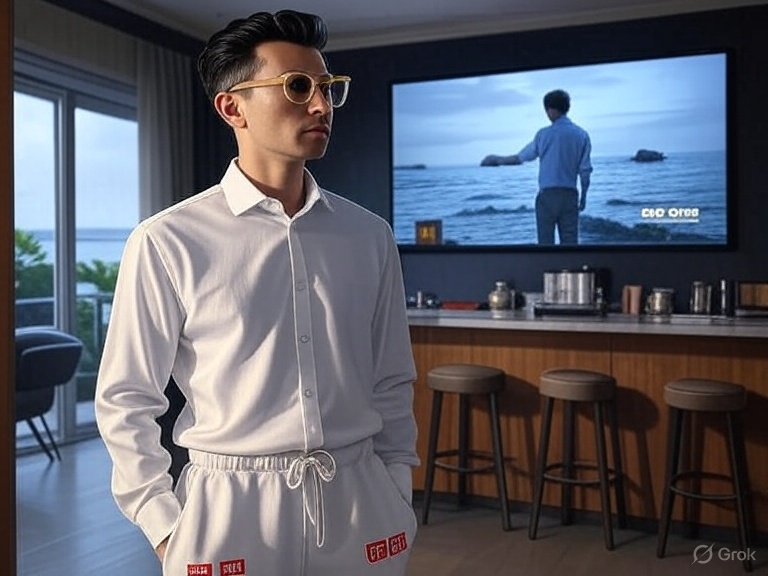 スウェットパンツに身を包み、映画『366日』を鑑賞するスタイリッシュな年配の紳士