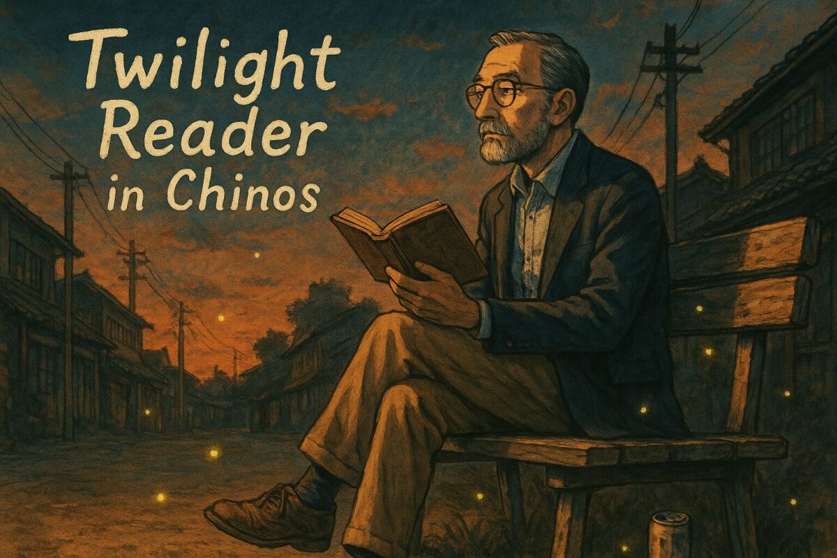 チノパンの夕暮れ読書人 (AI画像)