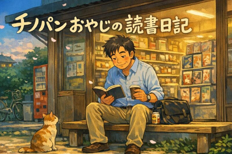 チノパンおやじ、コンビニで本を読む（AI画像）