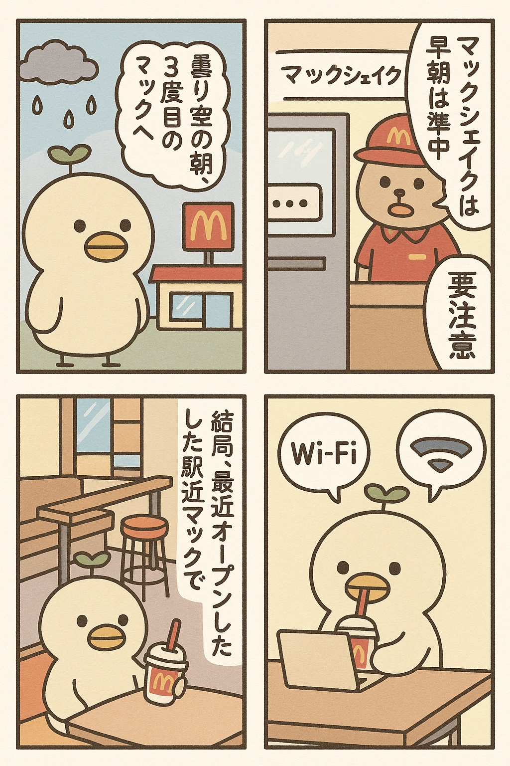 ４コマ漫画：24時間営業添付でマックシェイク買えなかった事件 (AI画像)