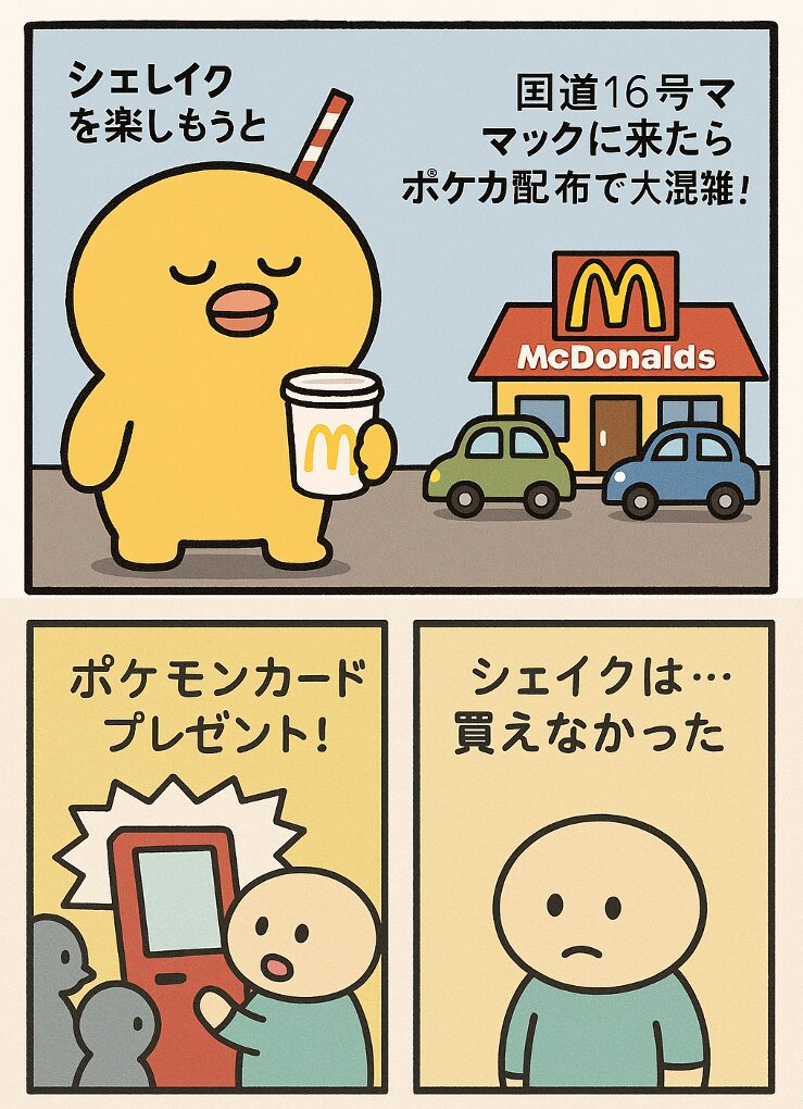 ３コマ漫画：マックシェイク買えなかった事件 (AI画像)