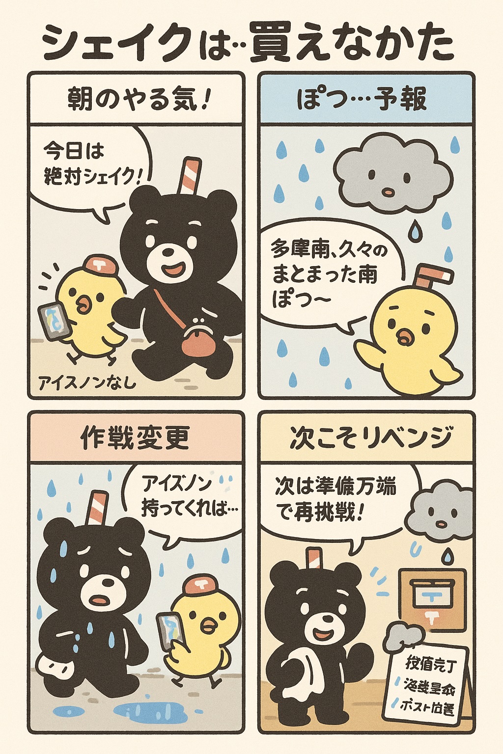 ４コマ漫画：今日もマックシェイク買えなかった事件 (AI画像)