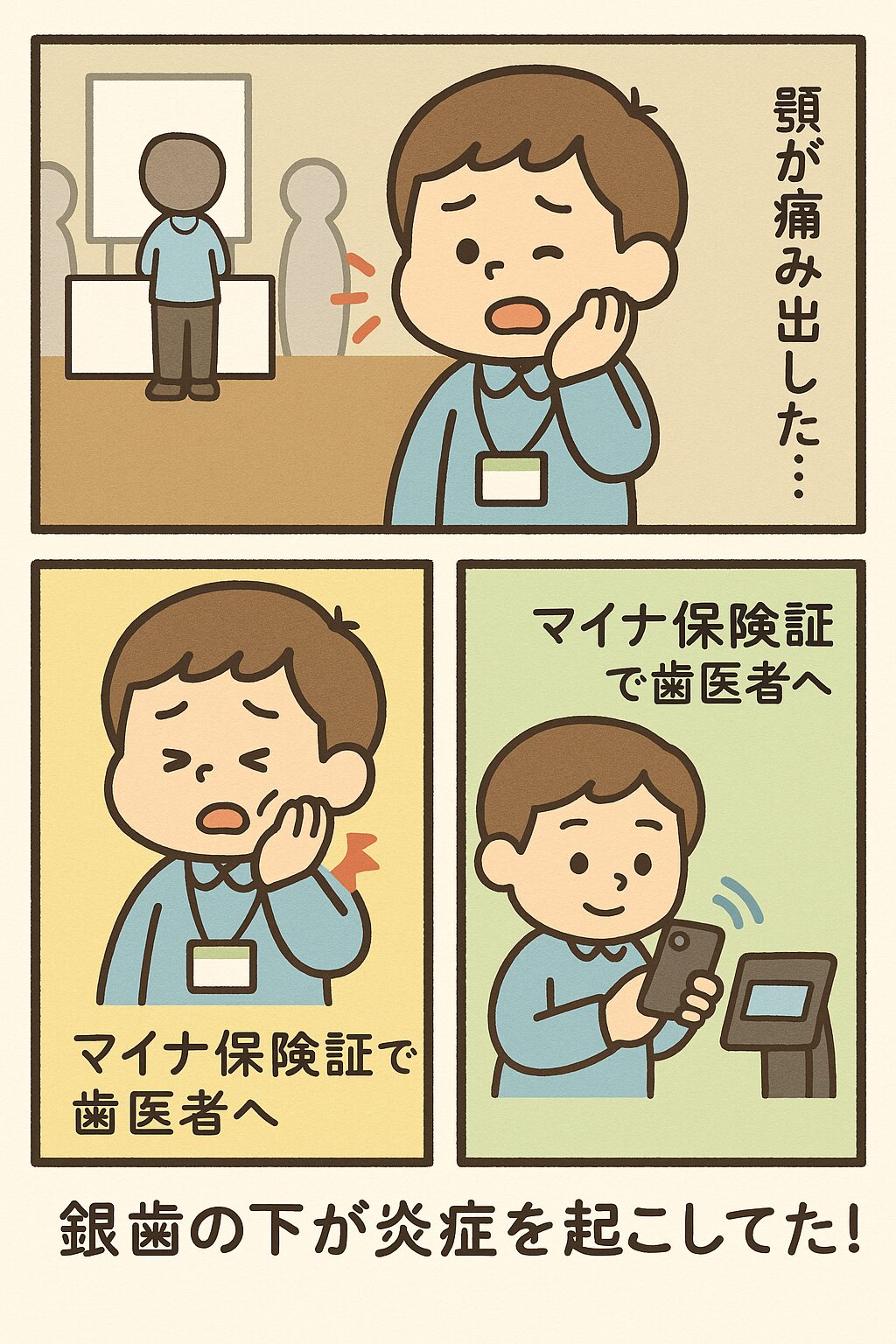 ３コマ漫画：闘え！顎に異変の週末 (AI画像)
