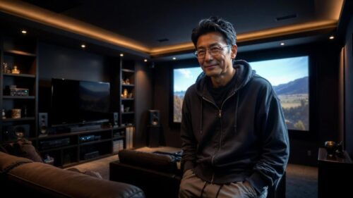 チノパンおやじ、モダンなホームシアターで映画をみる（AI画像）